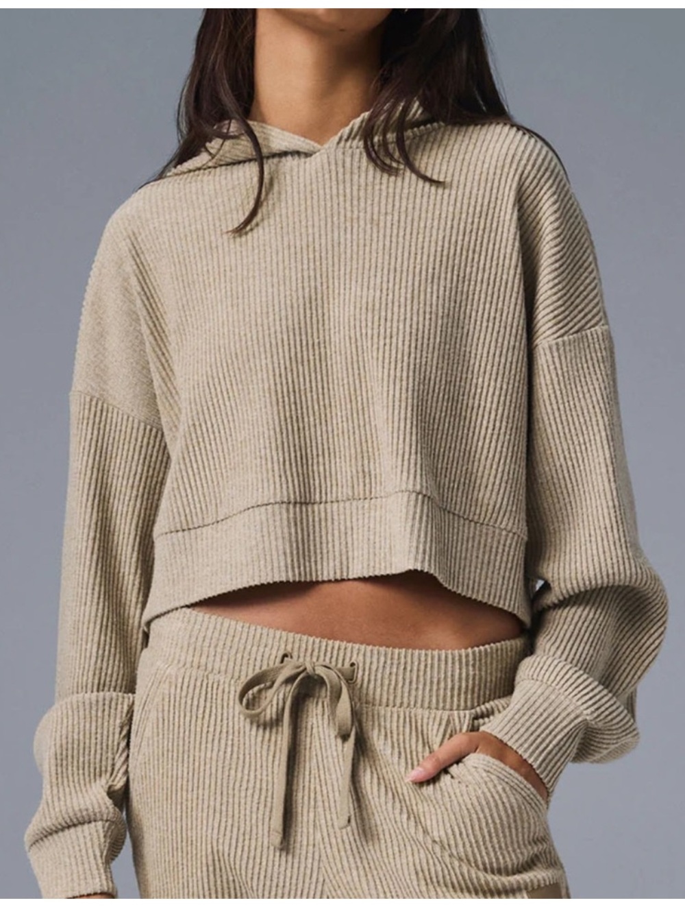 ALO Yoga Cropped Muse Hoodie in Gravel Heather Color